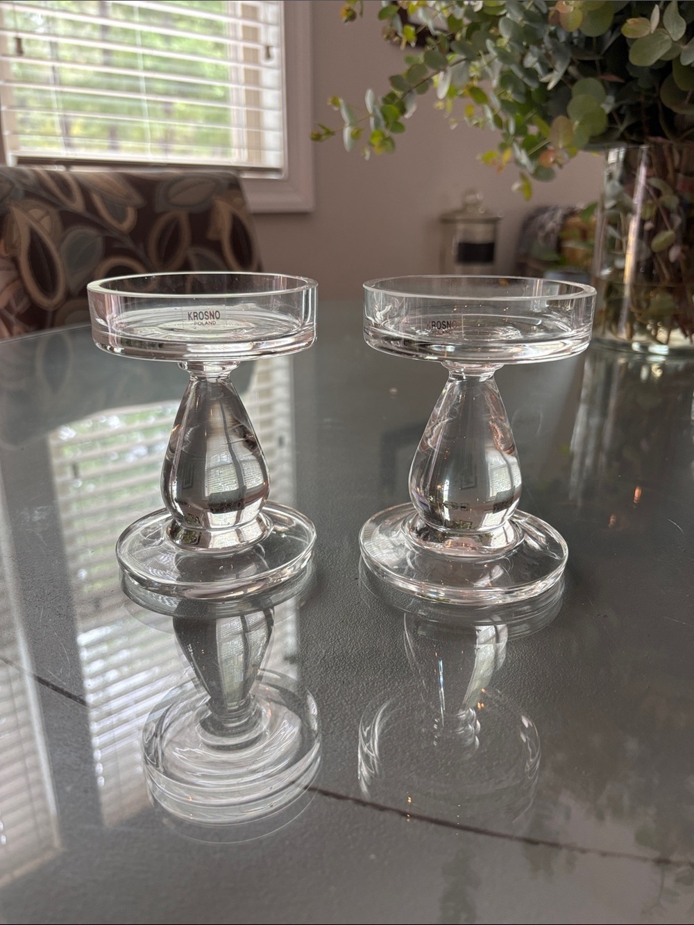 Krosno- made in Poland heavy Clear Glass Candle Holders - Set of 2 Pillar candle